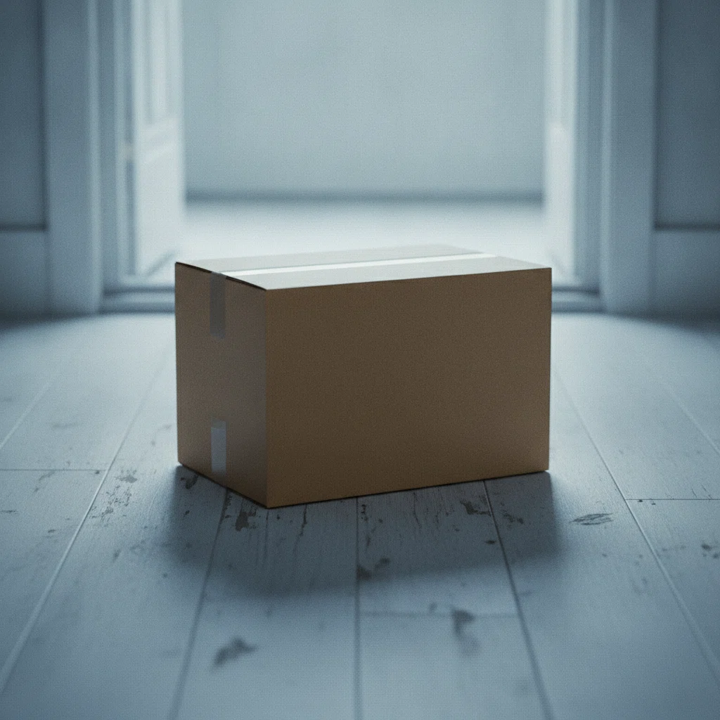 Siisti vaaleanruskea pakettipakaus ovella valoisassa käytävässä