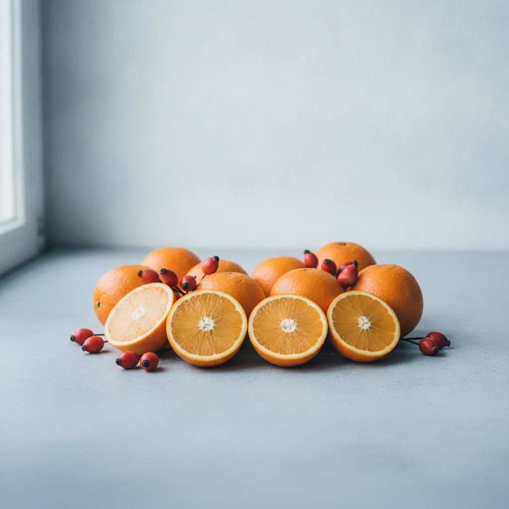 Appelsiineja, hakamarjoja ja vihreitä lehtiä vaalealla kivipinnalla